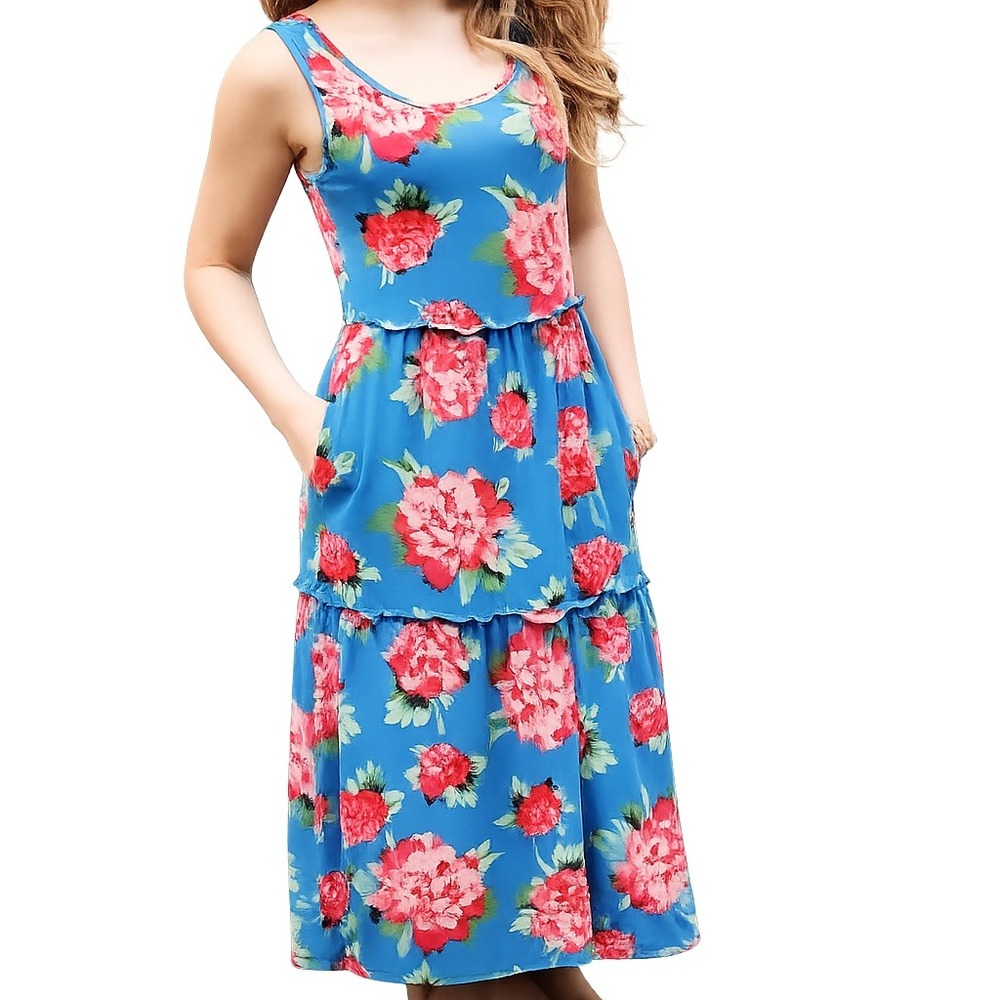 Matilda Jane Womens Blue Floral Tiered Maxi Dress Pink Peony Sleeveless Size M